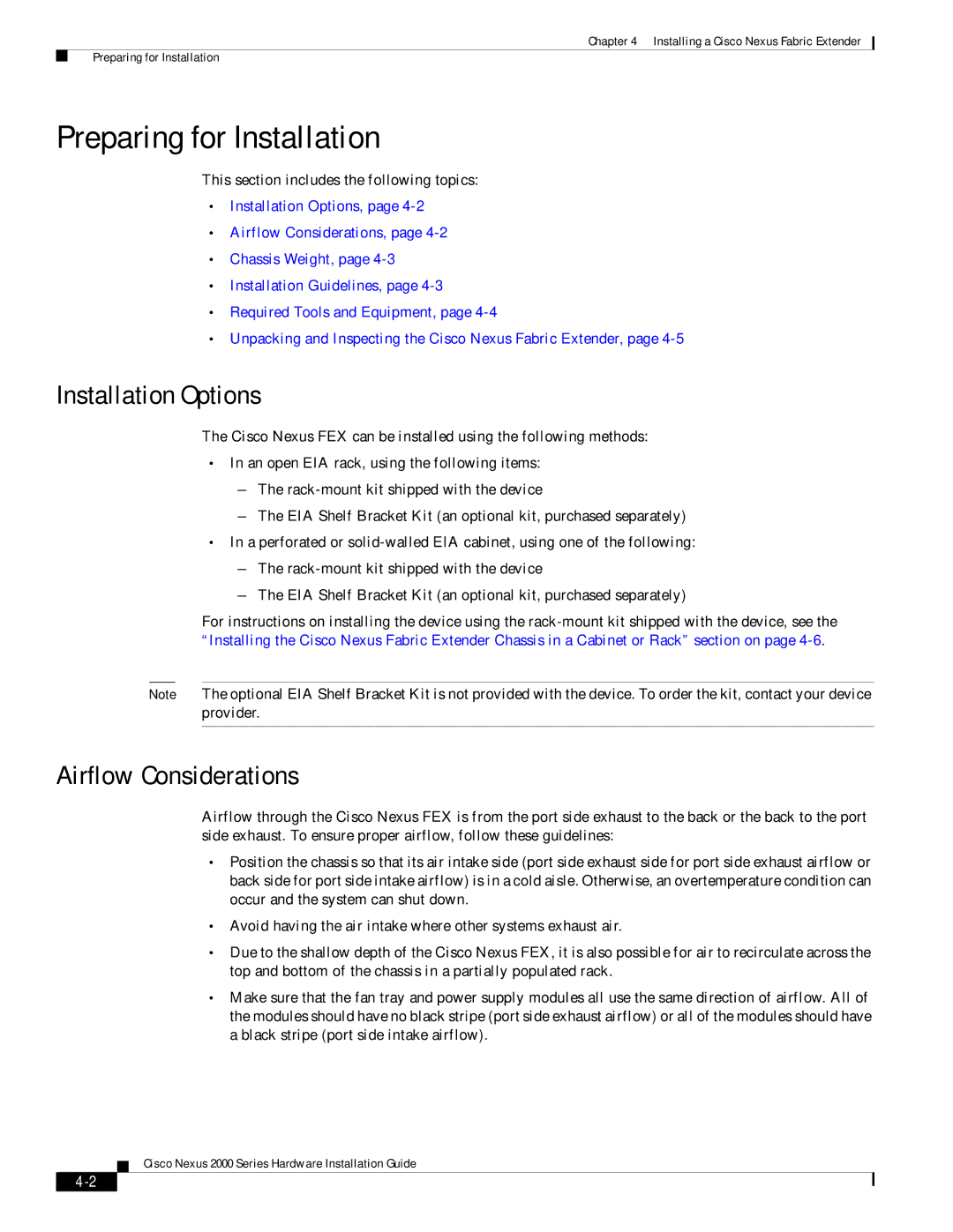 Cisco Systems 2000 manual Preparing for Installation, Installation Options, Airflow Considerations 