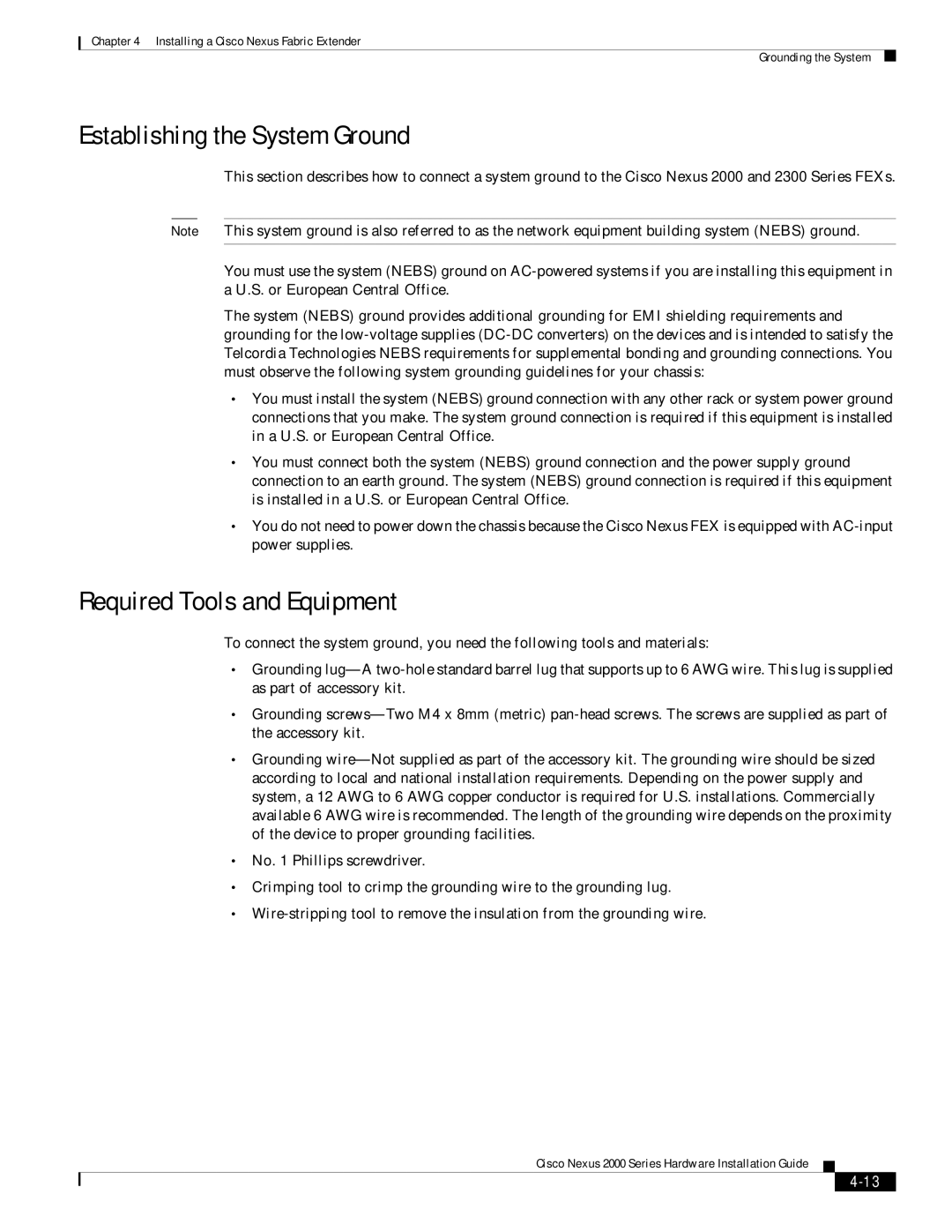 Cisco Systems 2000 manual Establishing the System Ground, Required Tools and Equipment 