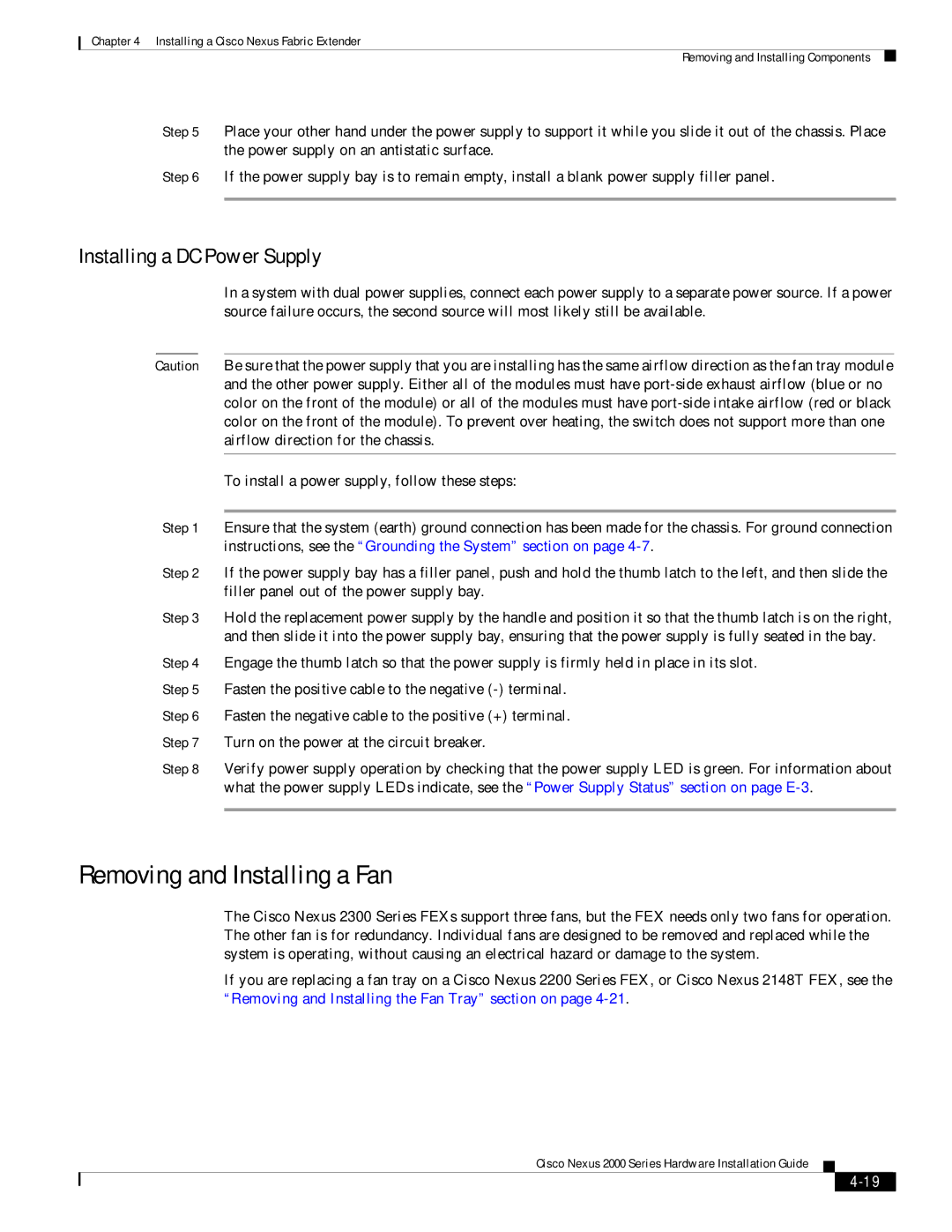 Cisco Systems 2000 manual Removing and Installing a Fan, Installing a DC Power Supply 