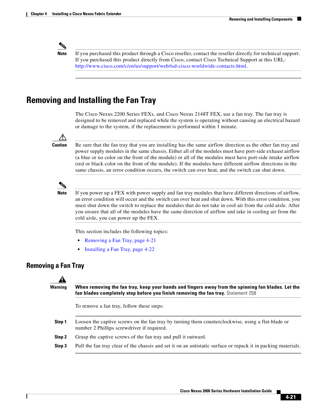 Cisco Systems 2000 manual Removing and Installing the Fan Tray, Removing a Fan Tray 