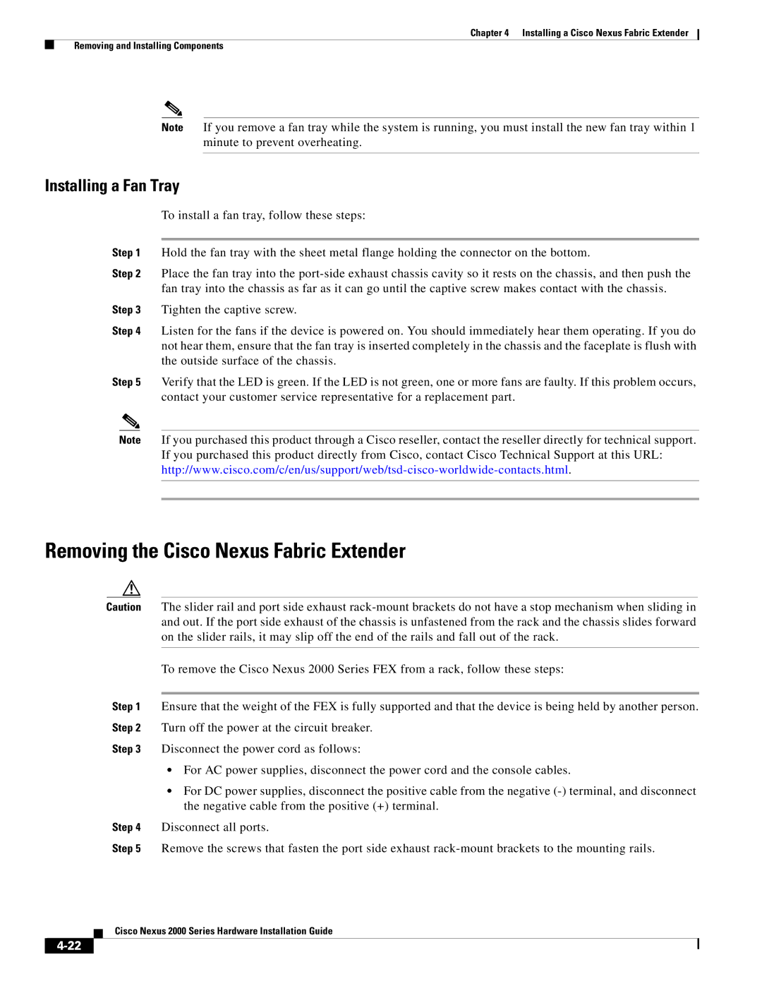 Cisco Systems 2000 manual Removing the Cisco Nexus Fabric Extender, Installing a Fan Tray 