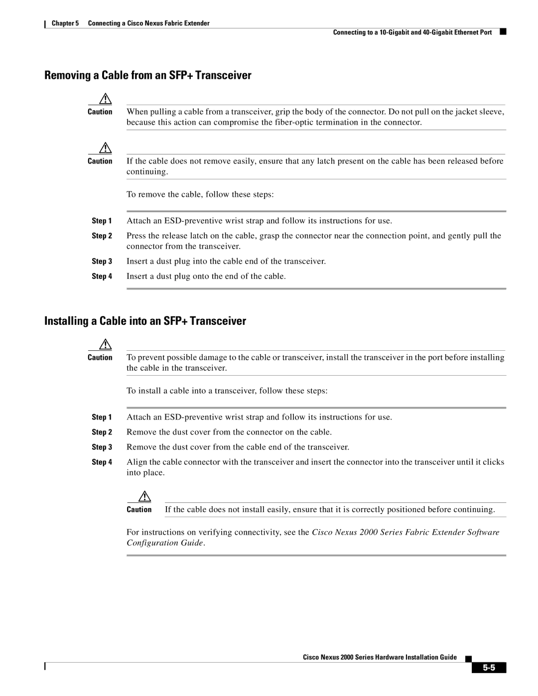 Cisco Systems 2000 manual Removing a Cable from an SFP+ Transceiver 