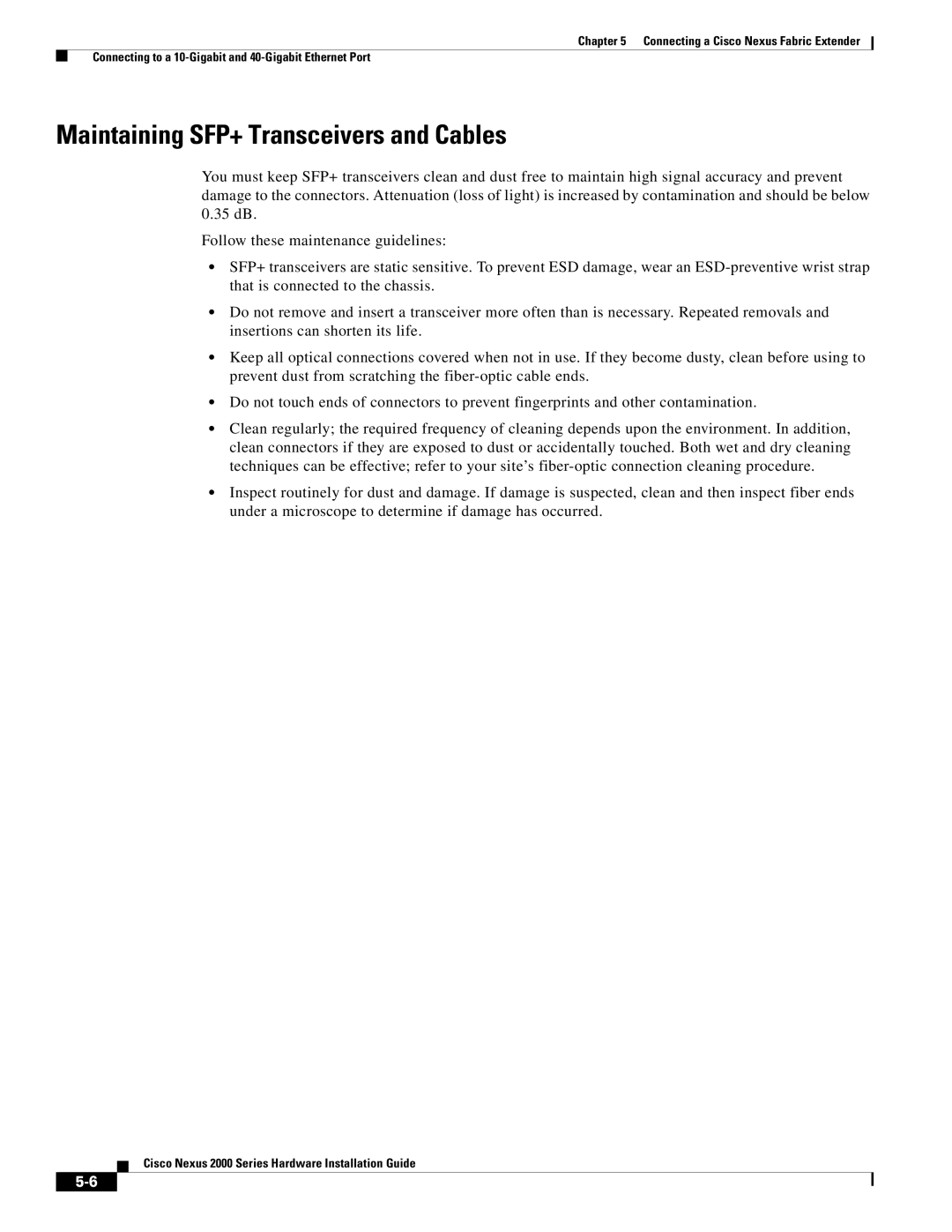 Cisco Systems 2000 manual Maintaining SFP+ Transceivers and Cables 