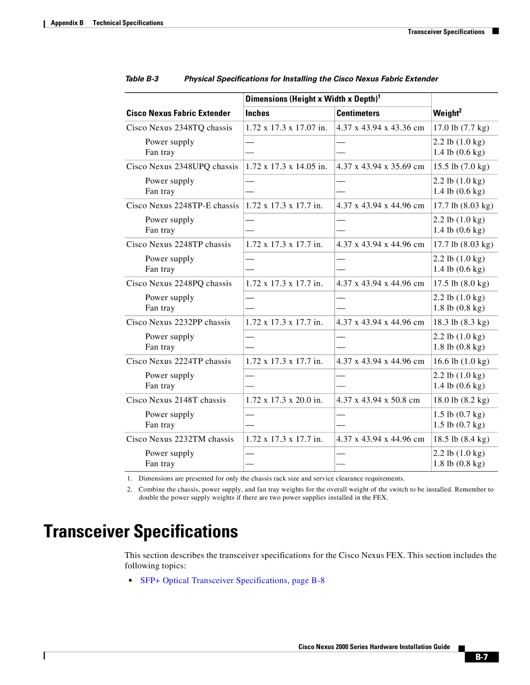 Cisco Systems 2000 manual Transceiver Specifications, Dimensions Height x Width x Depth Weight, Inches Centimeters 