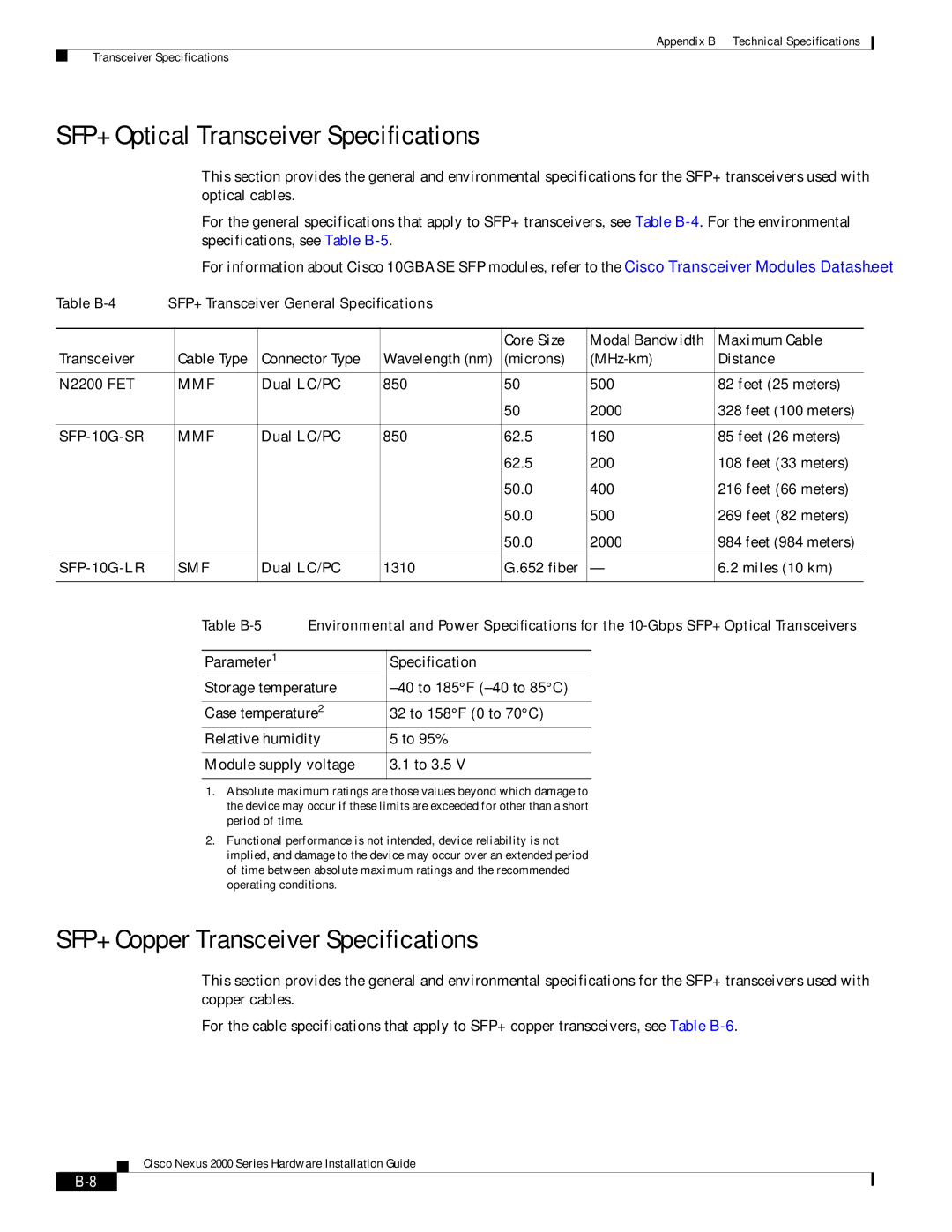 Cisco Systems 2000 manual SFP+ Optical Transceiver Specifications, SFP+ Copper Transceiver Specifications 