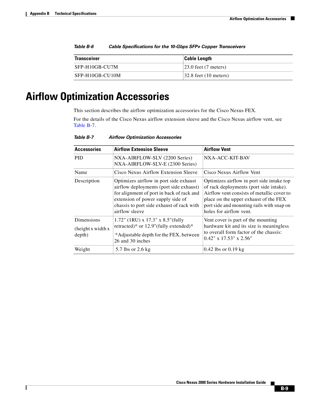 Cisco Systems 2000 manual Airflow Optimization Accessories, Transceiver Cable Length 