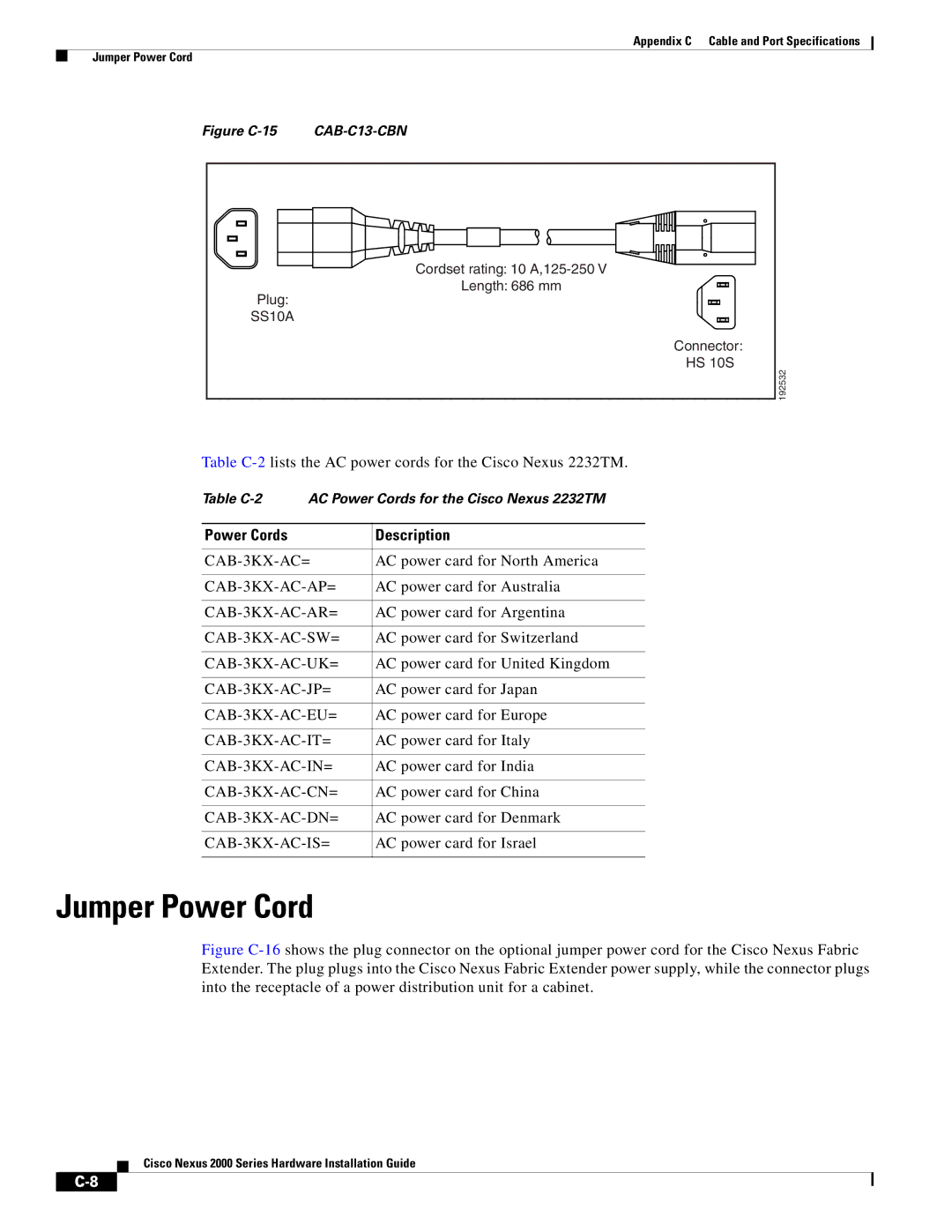 Cisco Systems 2000 manual Jumper Power Cord, Power Cords Description 