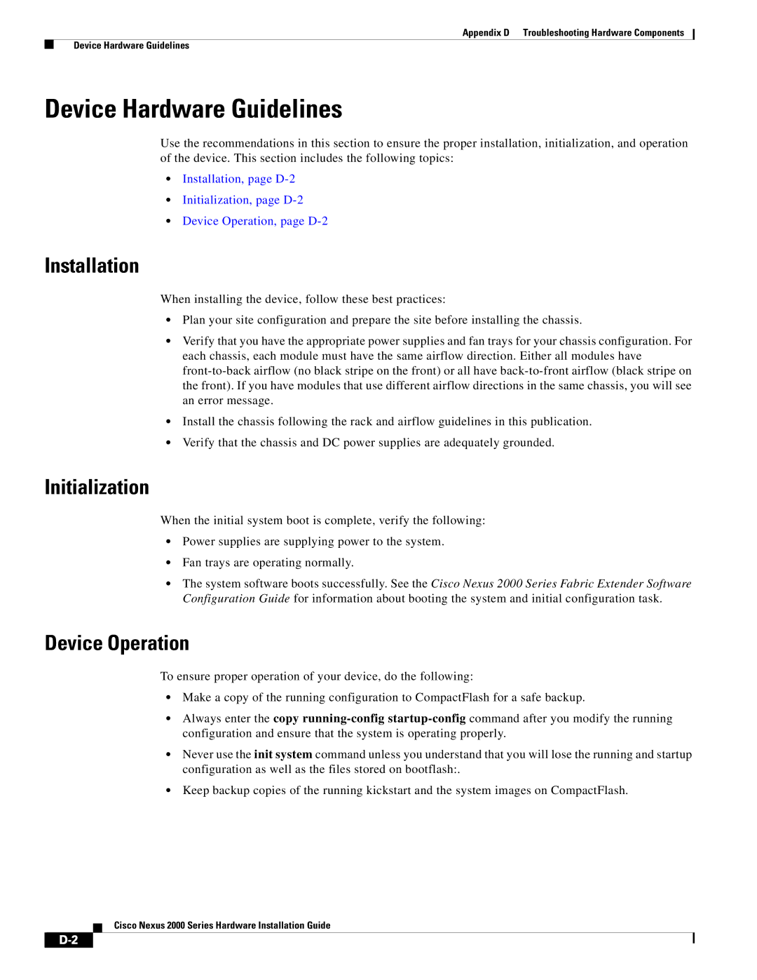 Cisco Systems 2000 manual Device Hardware Guidelines, Installation, Initialization, Device Operation 