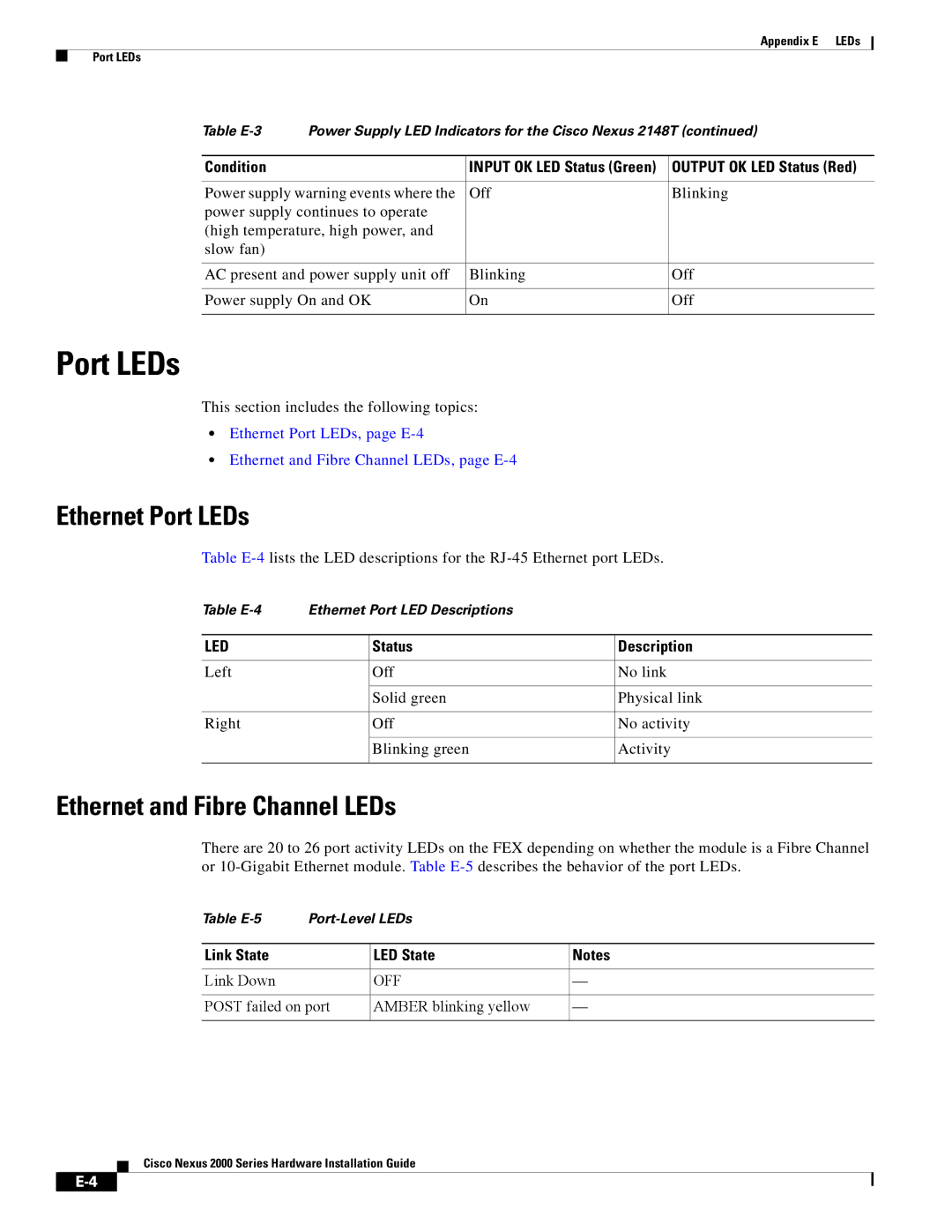 Cisco Systems 2000 manual Ethernet Port LEDs, Ethernet and Fibre Channel LEDs, Link State LED State 