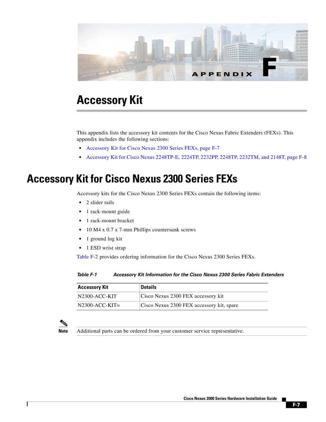 Cisco Systems 2000 manual Accessory Kit for Cisco Nexus 2300 Series FEXs, Accessory Kit Details 