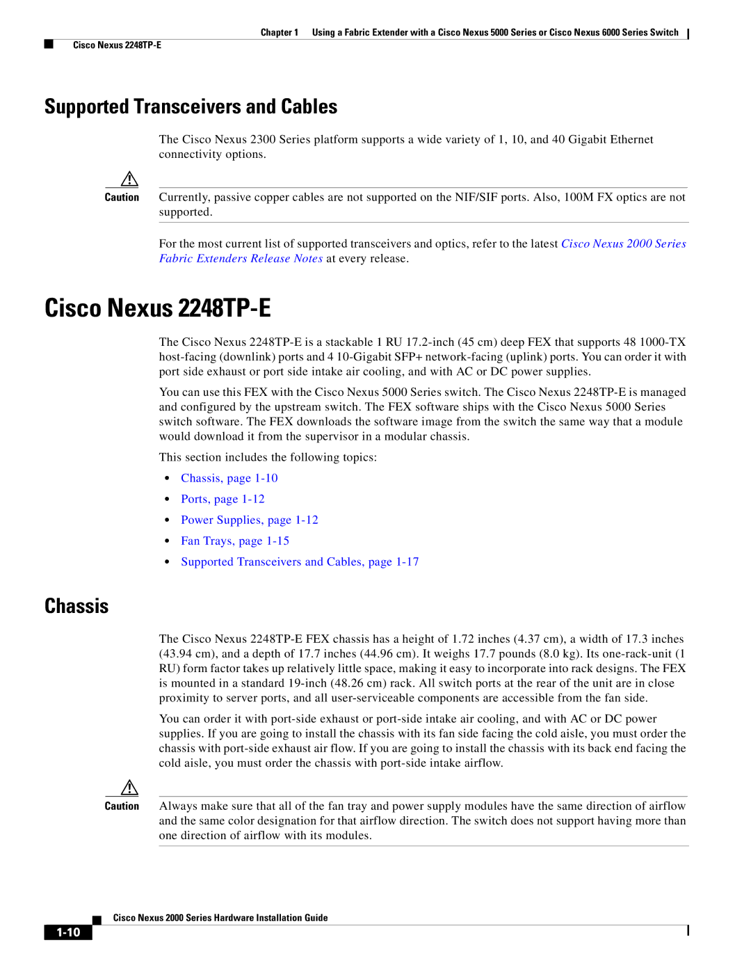 Cisco Systems 2000 manual Cisco Nexus 2248TP-E, Supported Transceivers and Cables 