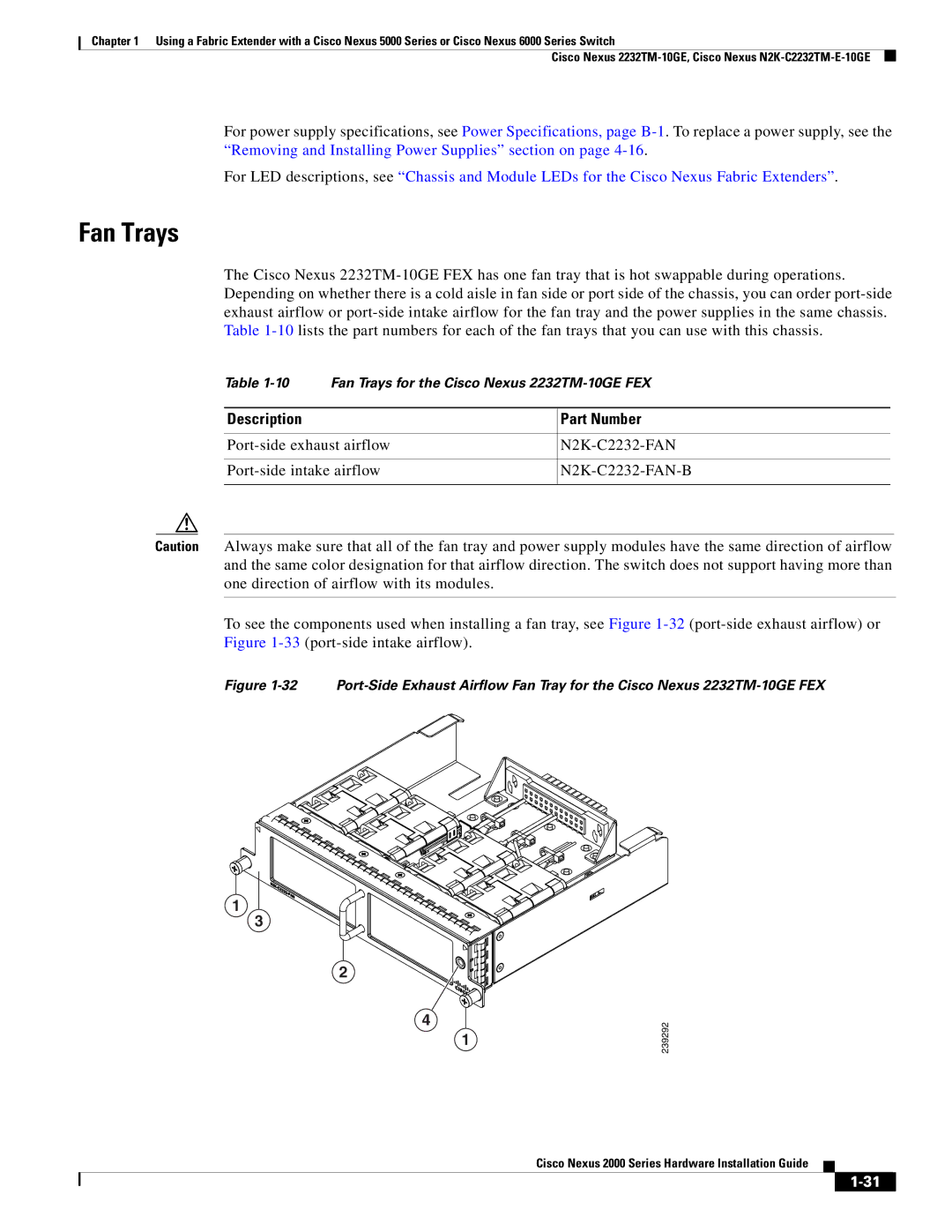 Cisco Systems 2000 manual Fan Trays for the Cisco Nexus 2232TM-10GE FEX 