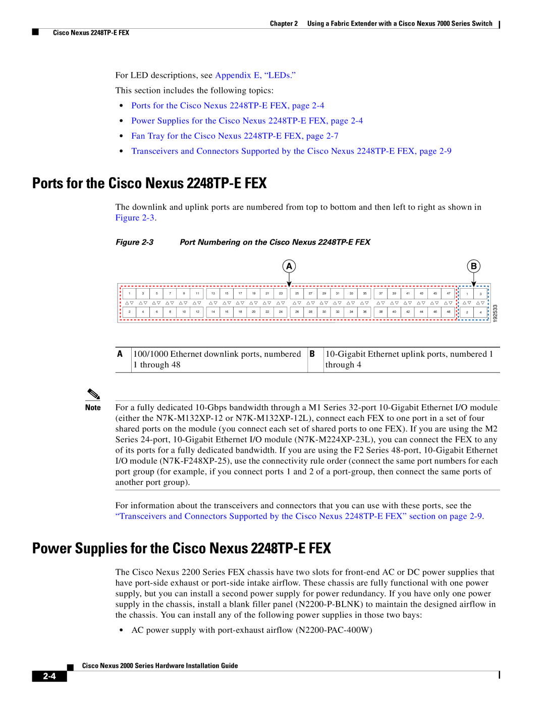 Cisco Systems 2000 manual Ports for the Cisco Nexus 2248TP-E FEX, Power Supplies for the Cisco Nexus 2248TP-E FEX 