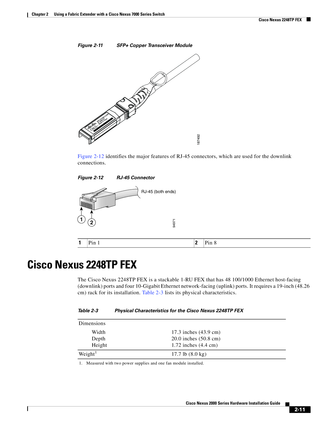 Cisco Systems 2000 manual Cisco Nexus 2248TP FEX, 11 SFP+ Copper Transceiver Module 