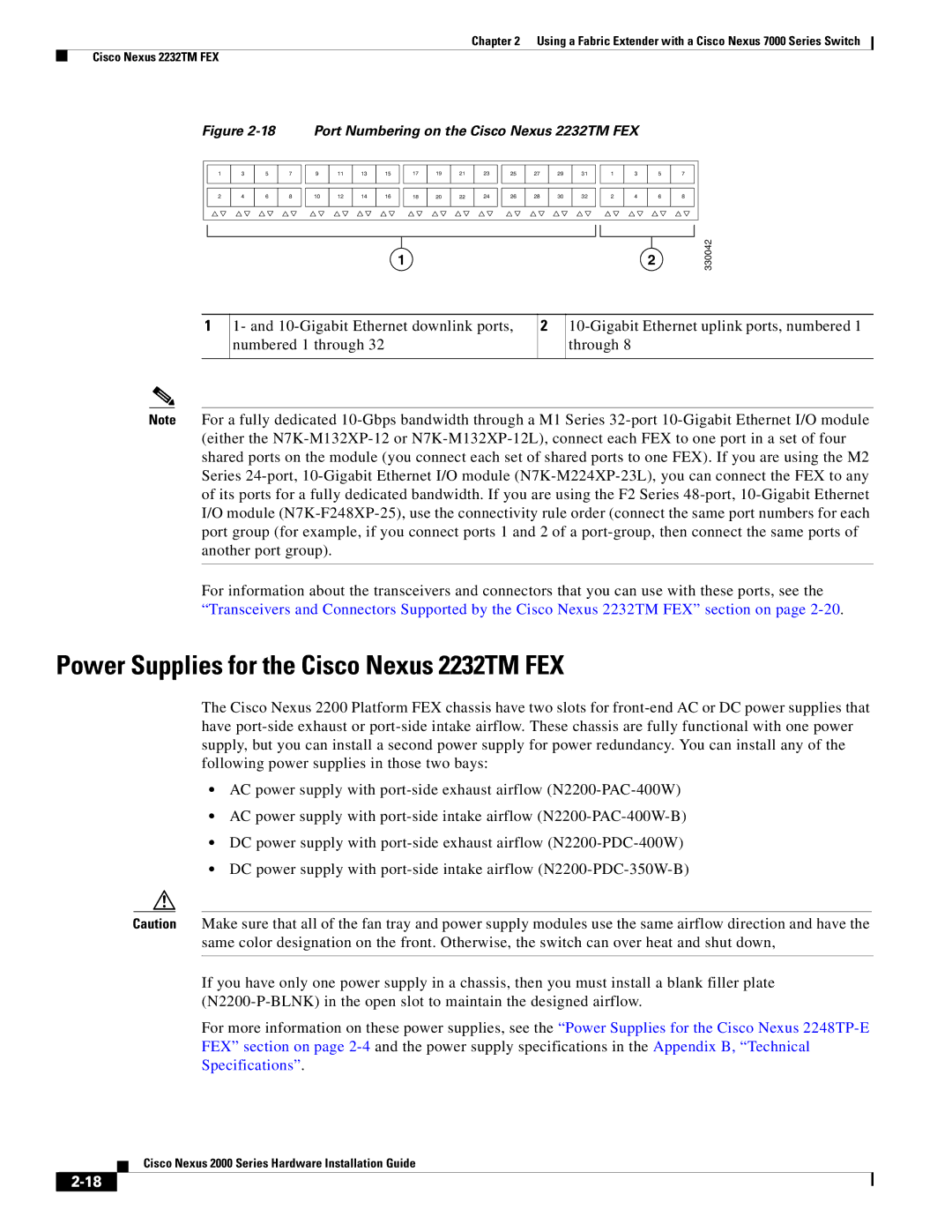 Cisco Systems 2000 manual Power Supplies for the Cisco Nexus 2232TM FEX, Port Numbering on the Cisco Nexus 2232TM FEX 