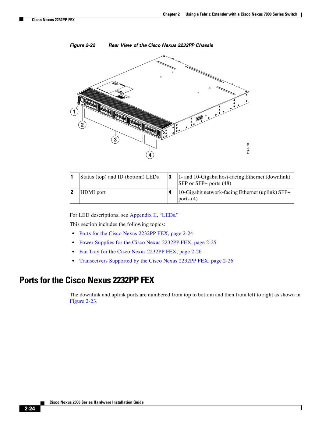 Cisco Systems 2000 manual Ports for the Cisco Nexus 2232PP FEX, Rear View of the Cisco Nexus 2232PP Chassis 