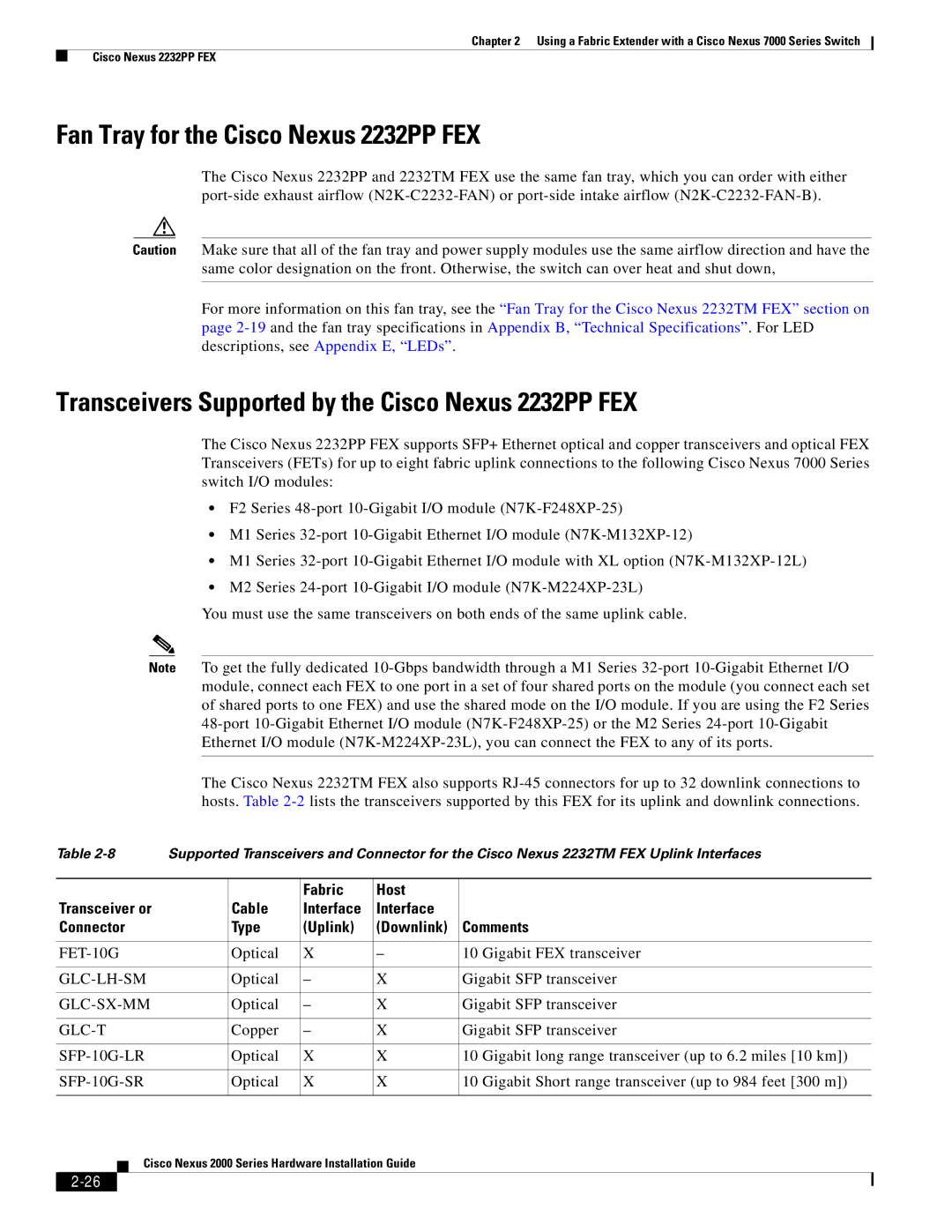 Cisco Systems 2000 manual Fan Tray for the Cisco Nexus 2232PP FEX, Transceivers Supported by the Cisco Nexus 2232PP FEX 