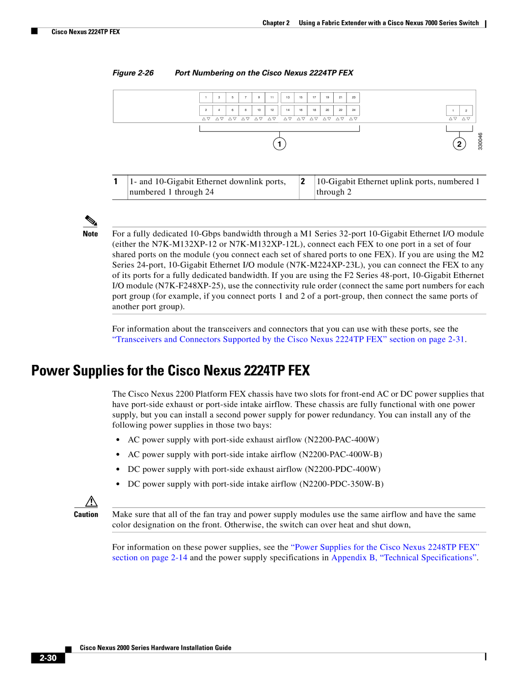 Cisco Systems 2000 manual Power Supplies for the Cisco Nexus 2224TP FEX, Port Numbering on the Cisco Nexus 2224TP FEX 