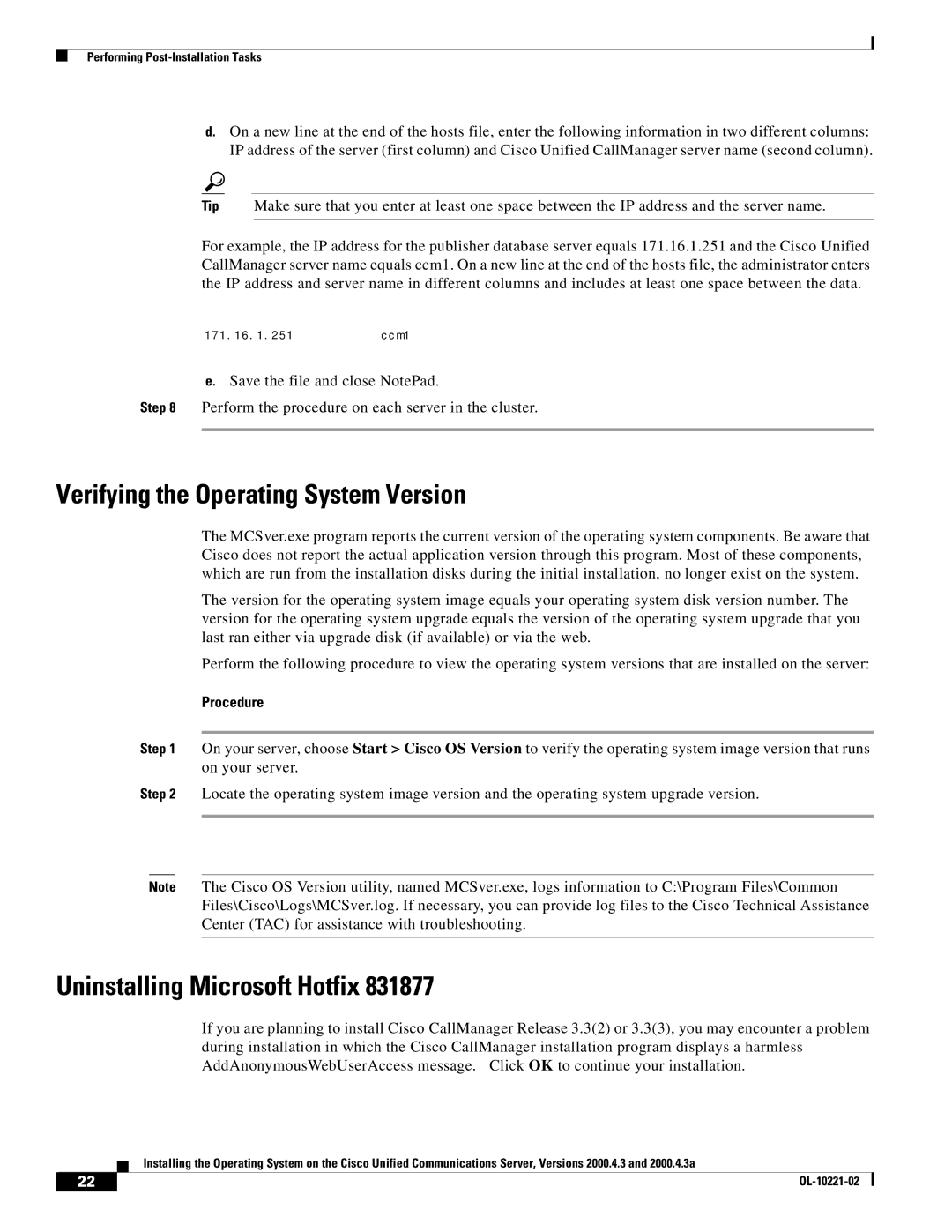 Cisco Systems 2000.4.3a manual Verifying the Operating System Version, Uninstalling Microsoft Hotfix 