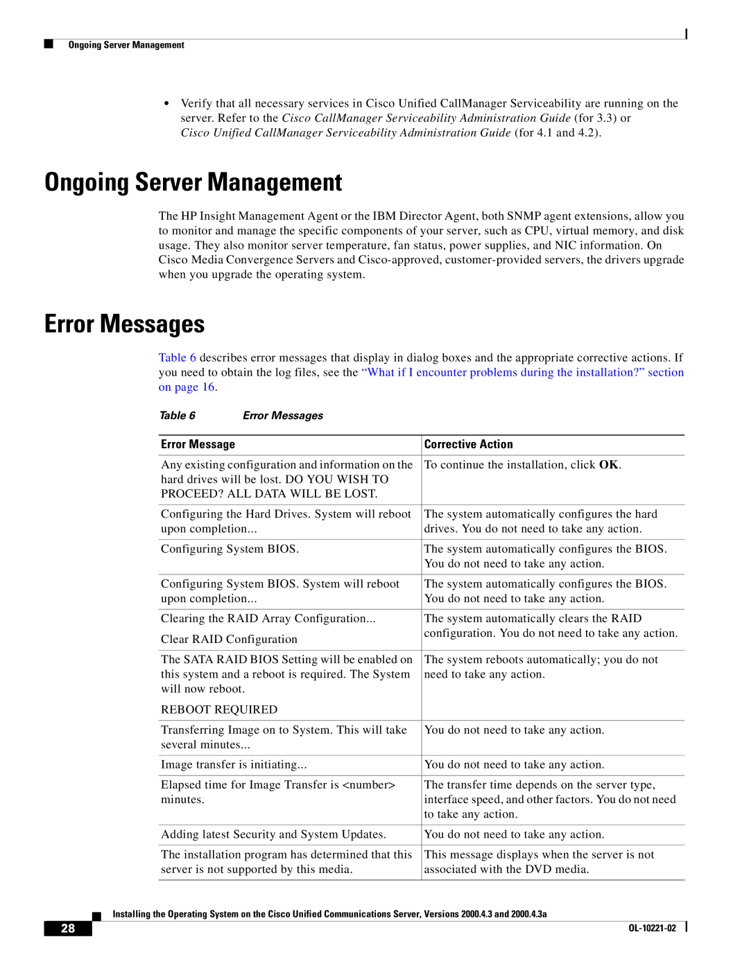 Cisco Systems 2000.4.3a manual Ongoing Server Management, Error Messages, Corrective Action 