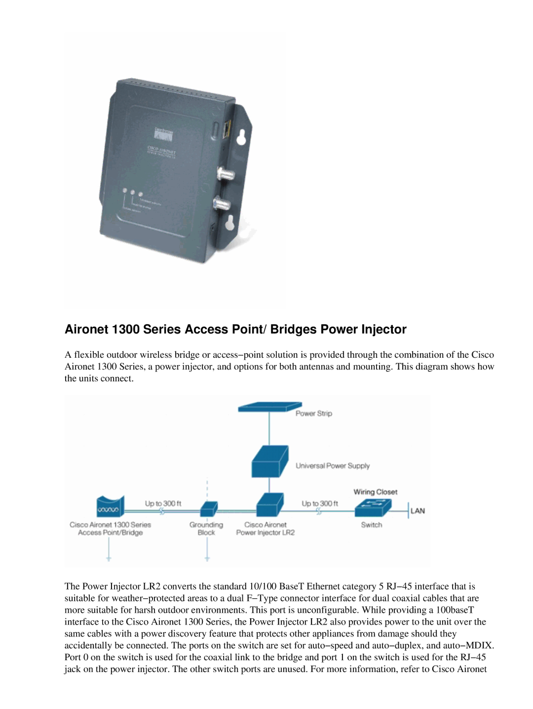 Cisco Systems 2008M-8i, UCSCRAIDMZ220 manual Aironet 1300 Series Access Point/ Bridges Power Injector 