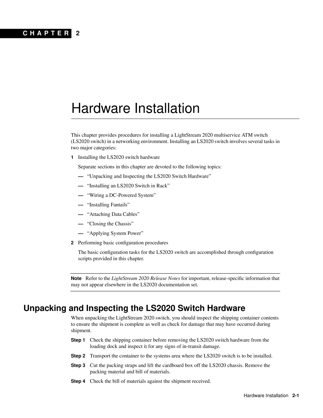 Cisco Systems manual Unpacking and Inspecting the LS2020 Switch Hardware, Hardware Installation, C H A P T E R 