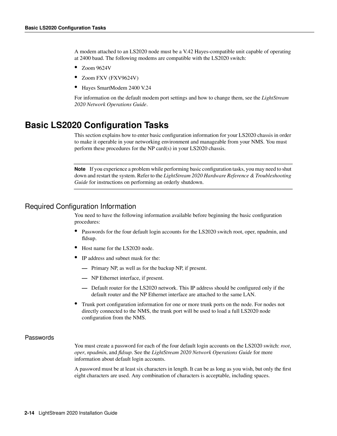 Cisco Systems manual Basic LS2020 Conﬁguration Tasks, Required Conﬁguration Information, Passwords 
