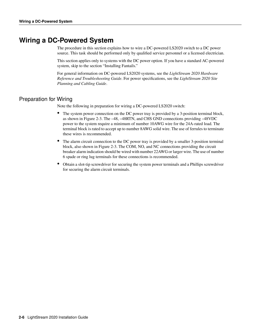 Cisco Systems 2020 manual Wiring a DC-Powered System, Preparation for Wiring 