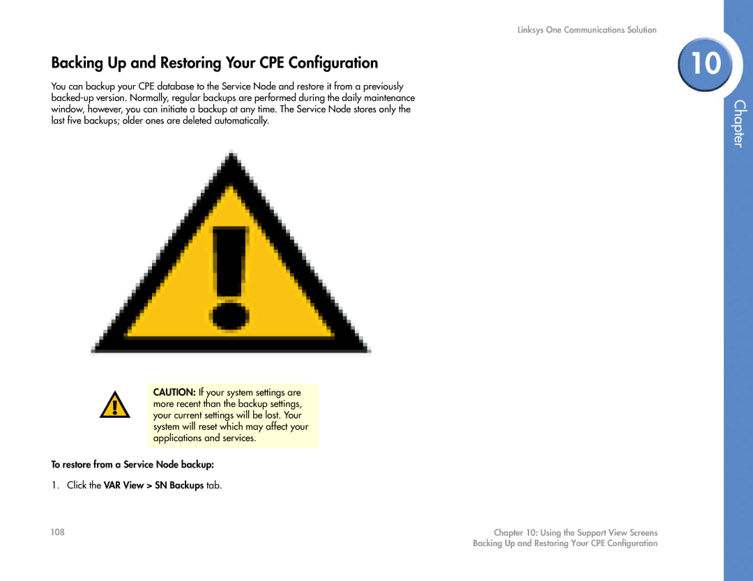 Cisco Systems 2.1 manual Backing Up and Restoring Your CPE Configuration 