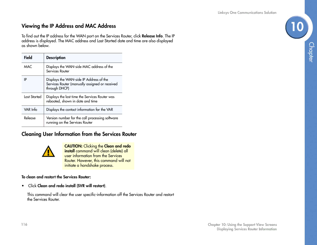 Cisco Systems 2.1 manual Viewing the IP Address and MAC Address, Cleaning User Information from the Services Router 