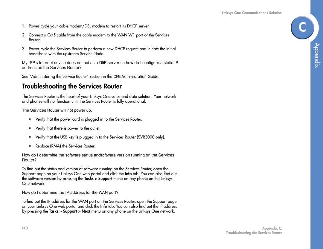 Cisco Systems 2.1 manual Troubleshooting the Services Router, Services Router will not power up 