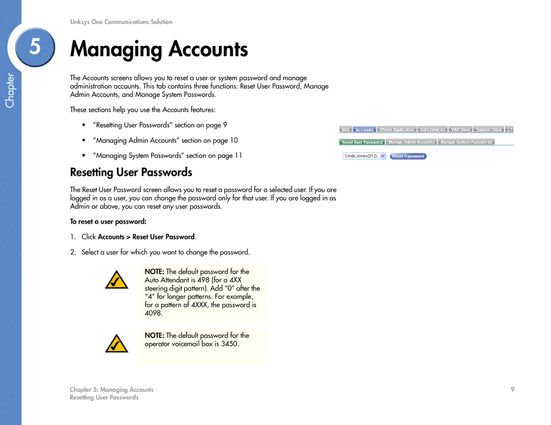 Cisco Systems 2.1 manual Managing Accounts, Resetting User Passwords 