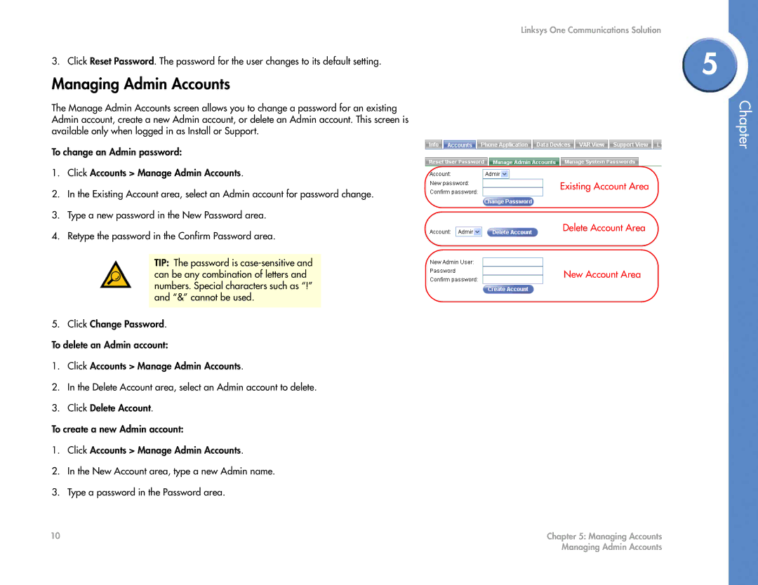 Cisco Systems 2.1 manual Managing Admin Accounts, Chapter 