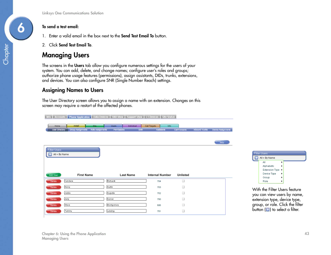 Cisco Systems 2.1 manual Managing Users, Assigning Names to Users, To send a test email, Click Send Test Email To 