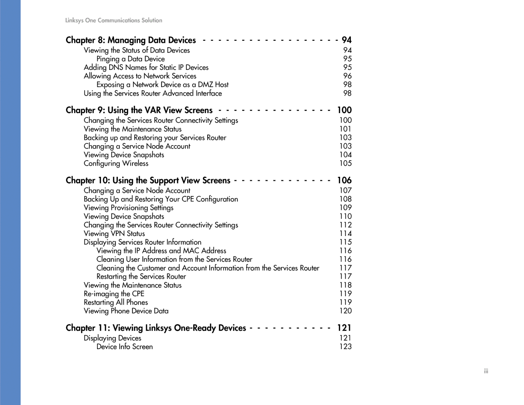 Cisco Systems 2.1 manual Managing Data Devices, Using the VAR View Screens 100, Using the Support View Screens 106 