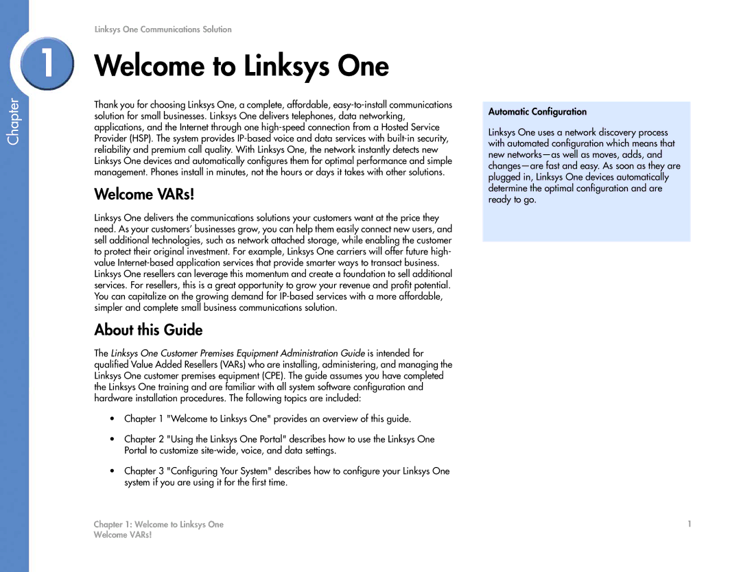 Cisco Systems 2.1 manual Welcome to Linksys One, Welcome VARs, About this Guide 