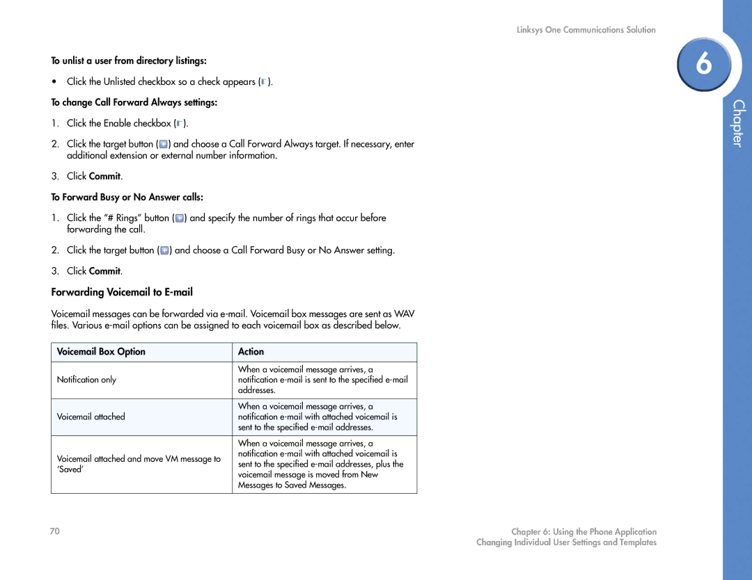 Cisco Systems 2.1 manual Forwarding Voicemail to E-mail, Voicemail Box Option Action 