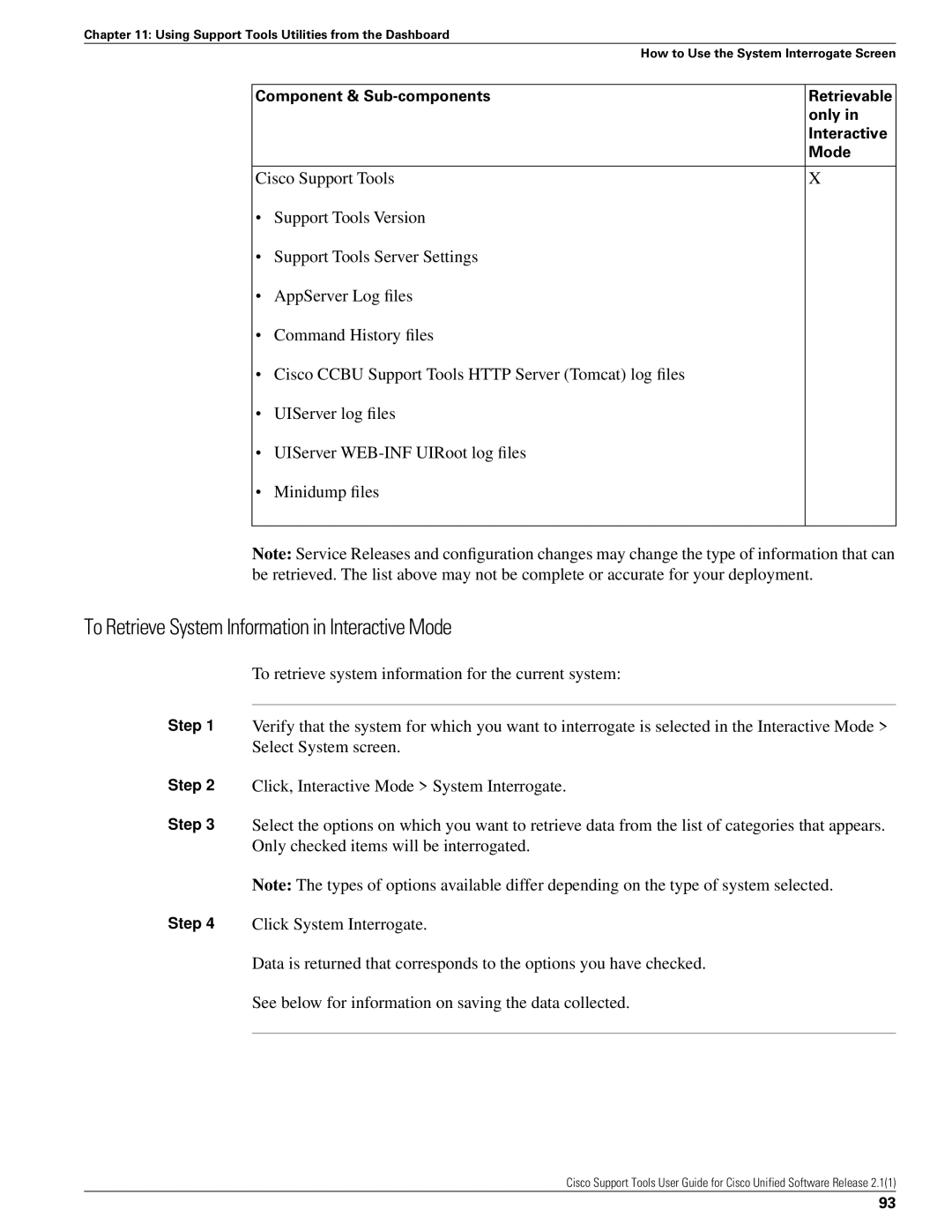 Cisco Systems 2.1(1) manual To Retrieve System Information in Interactive Mode, Cisco Support Tools 