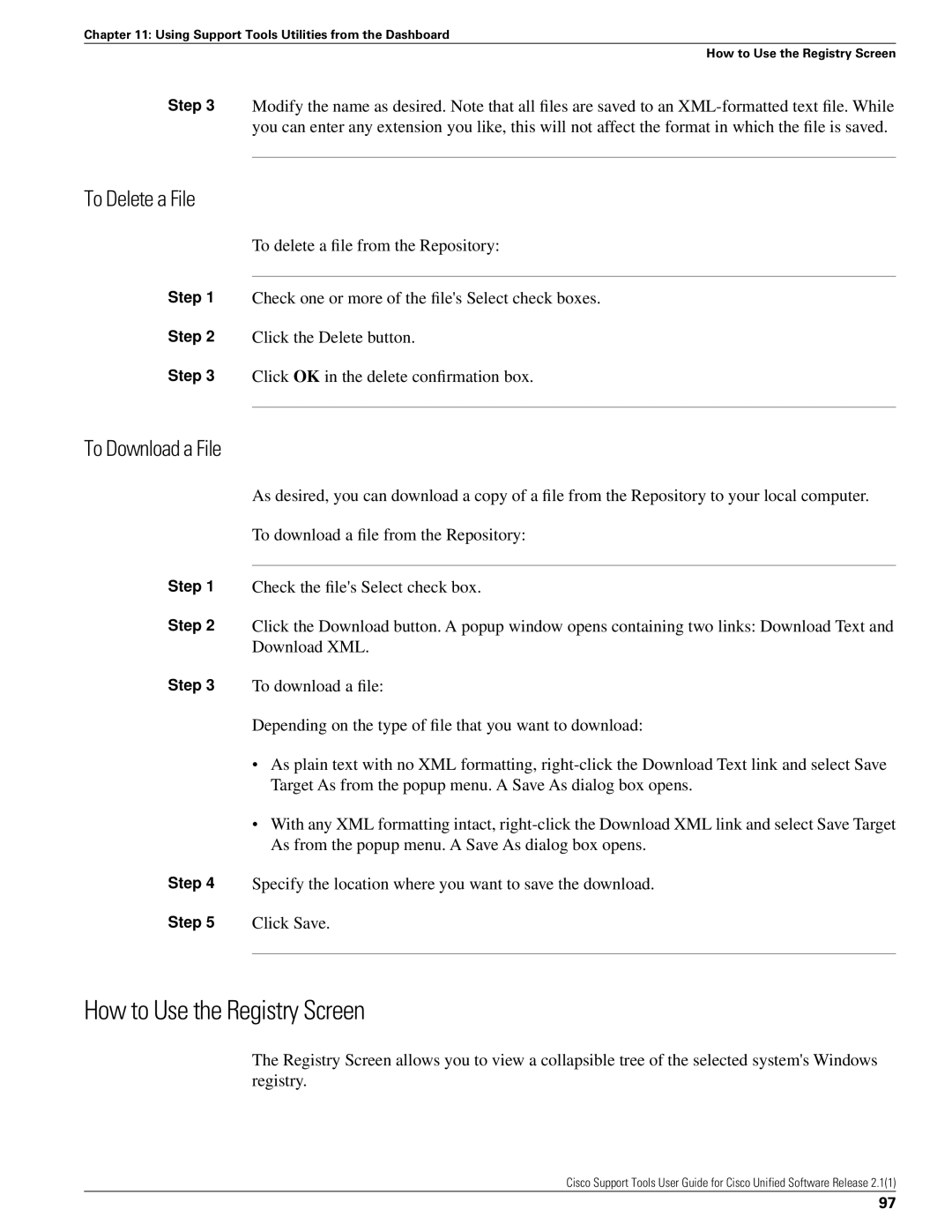 Cisco Systems 2.1(1) manual How to Use the Registry Screen, To Delete a File, To Download a File 