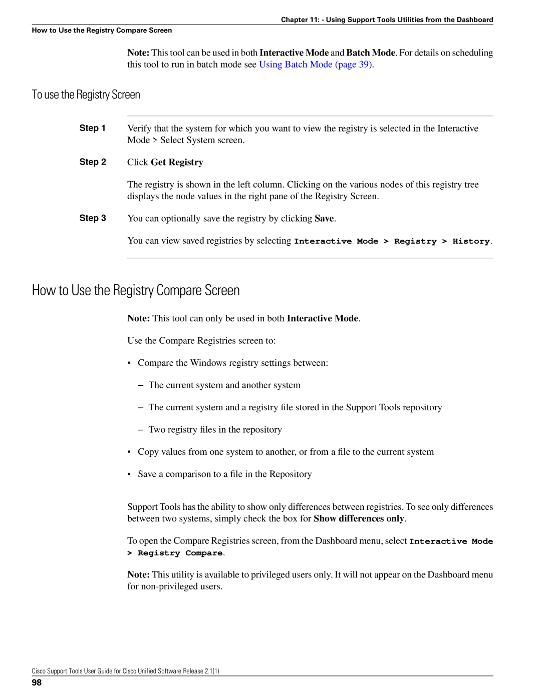 Cisco Systems 2.1(1) manual How to Use the Registry Compare Screen, To use the Registry Screen 