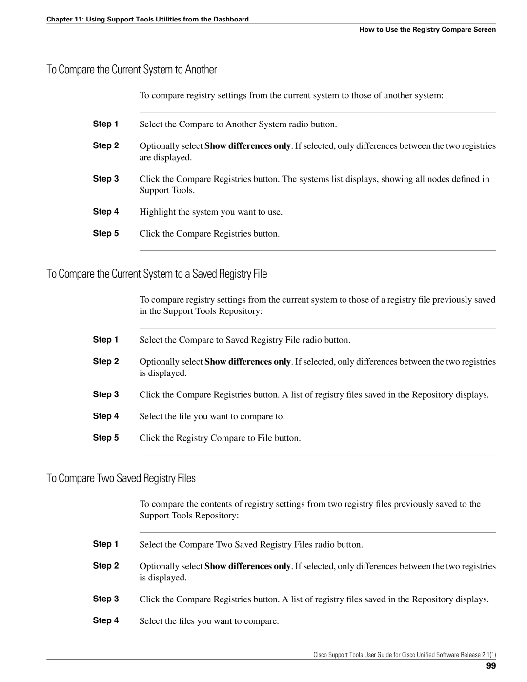 Cisco Systems 2.1(1) To Compare the Current System to Another, To Compare the Current System to a Saved Registry File 