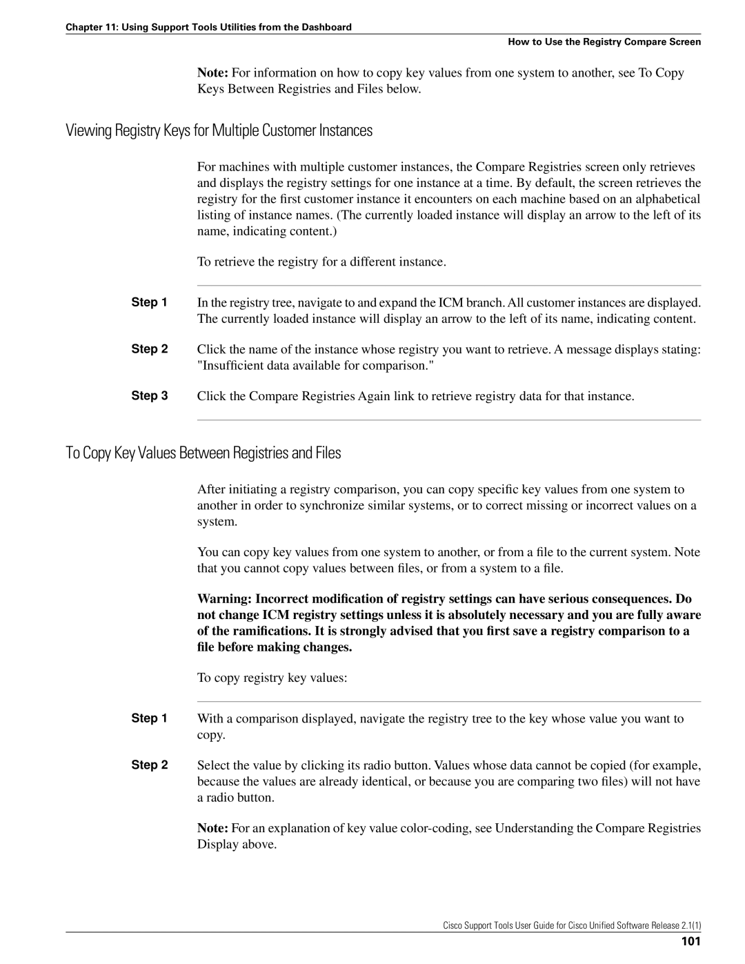 Cisco Systems 2.1(1) manual Viewing Registry Keys for Multiple Customer Instances, 101 