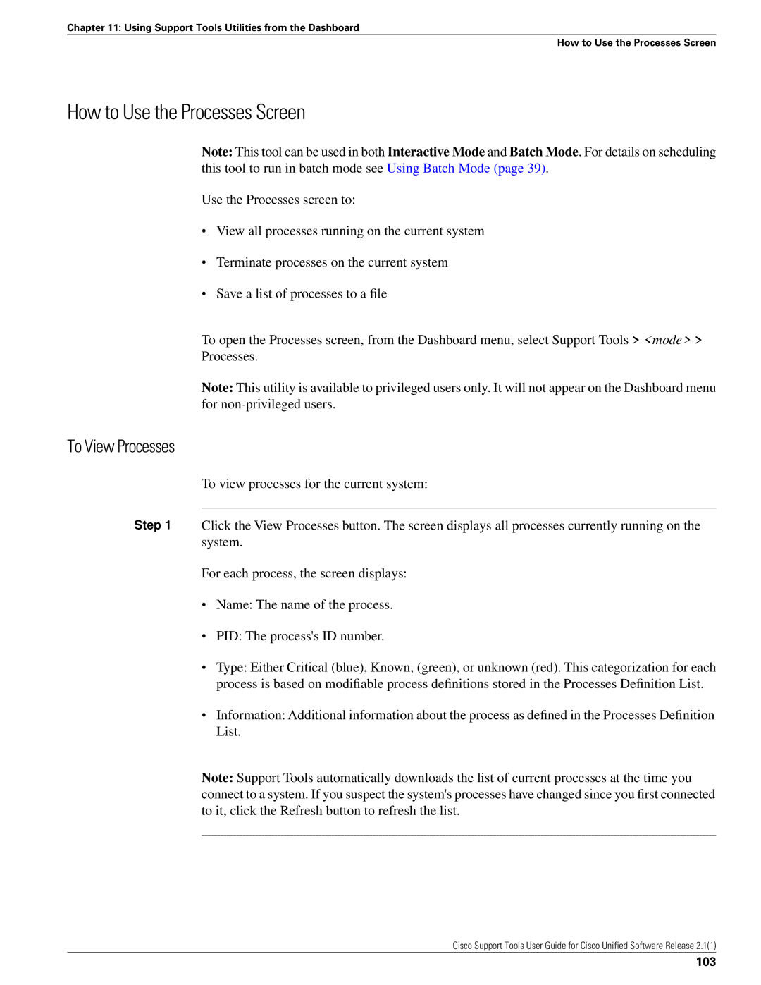 Cisco Systems 2.1(1) manual How to Use the Processes Screen, To View Processes, 103 