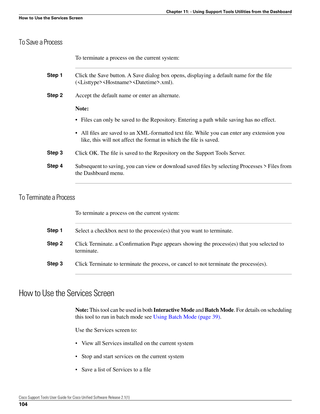 Cisco Systems 2.1(1) manual How to Use the Services Screen, To Save a Process, To Terminate a Process, 104 