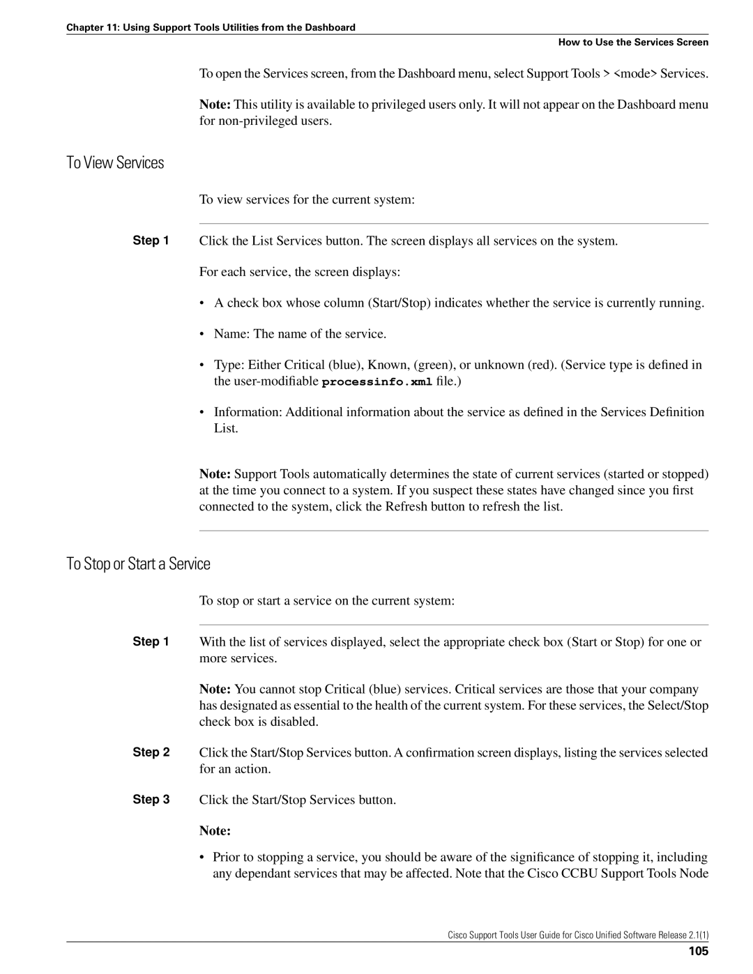 Cisco Systems 2.1(1) manual To View Services, To Stop or Start a Service, 105 