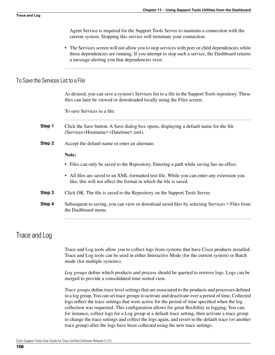 Cisco Systems 2.1(1) manual Trace and Log, To Save the Services List to a File, 106 