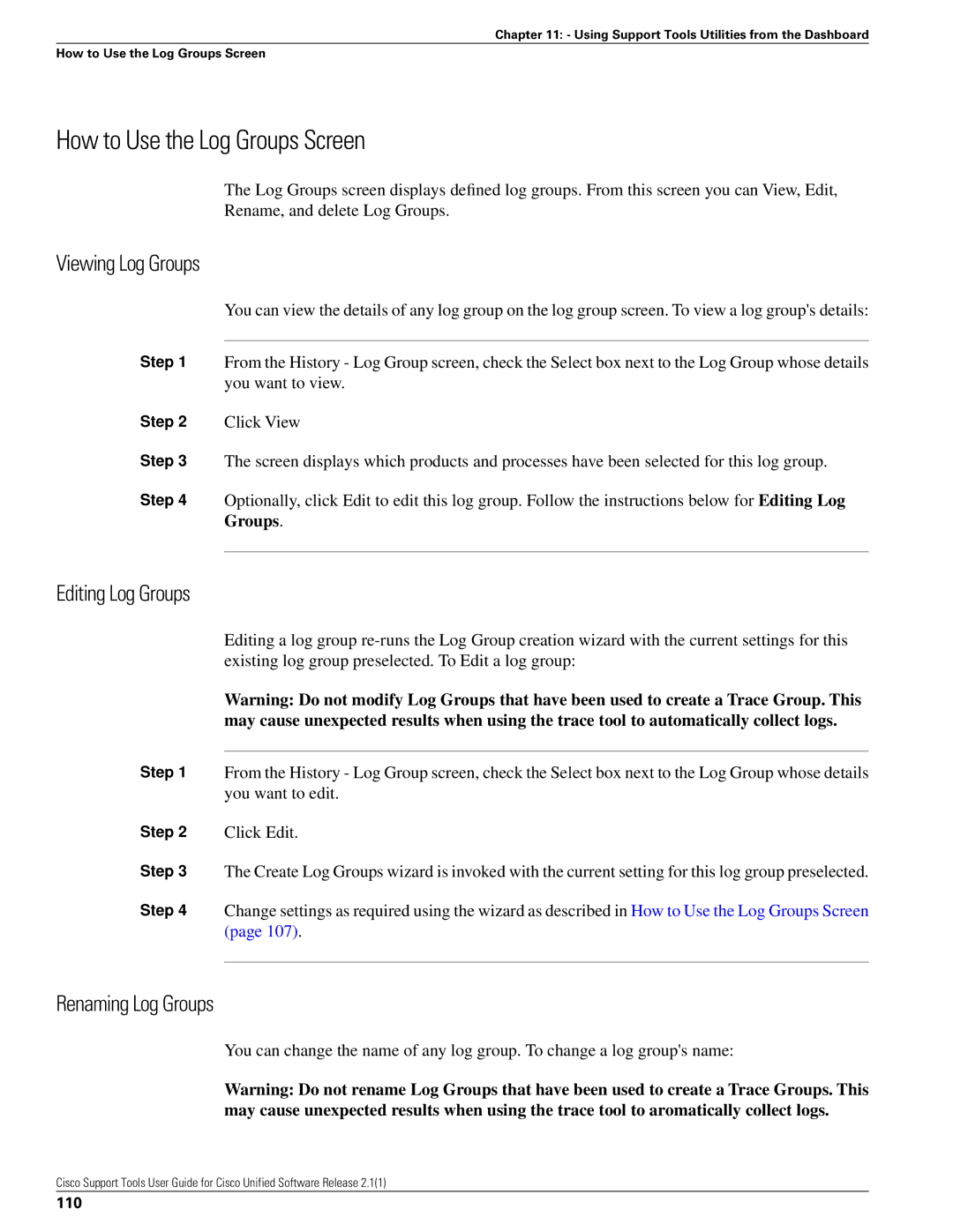 Cisco Systems 2.1(1) How to Use the Log Groups Screen, Viewing Log Groups, Editing Log Groups, Renaming Log Groups, 110 