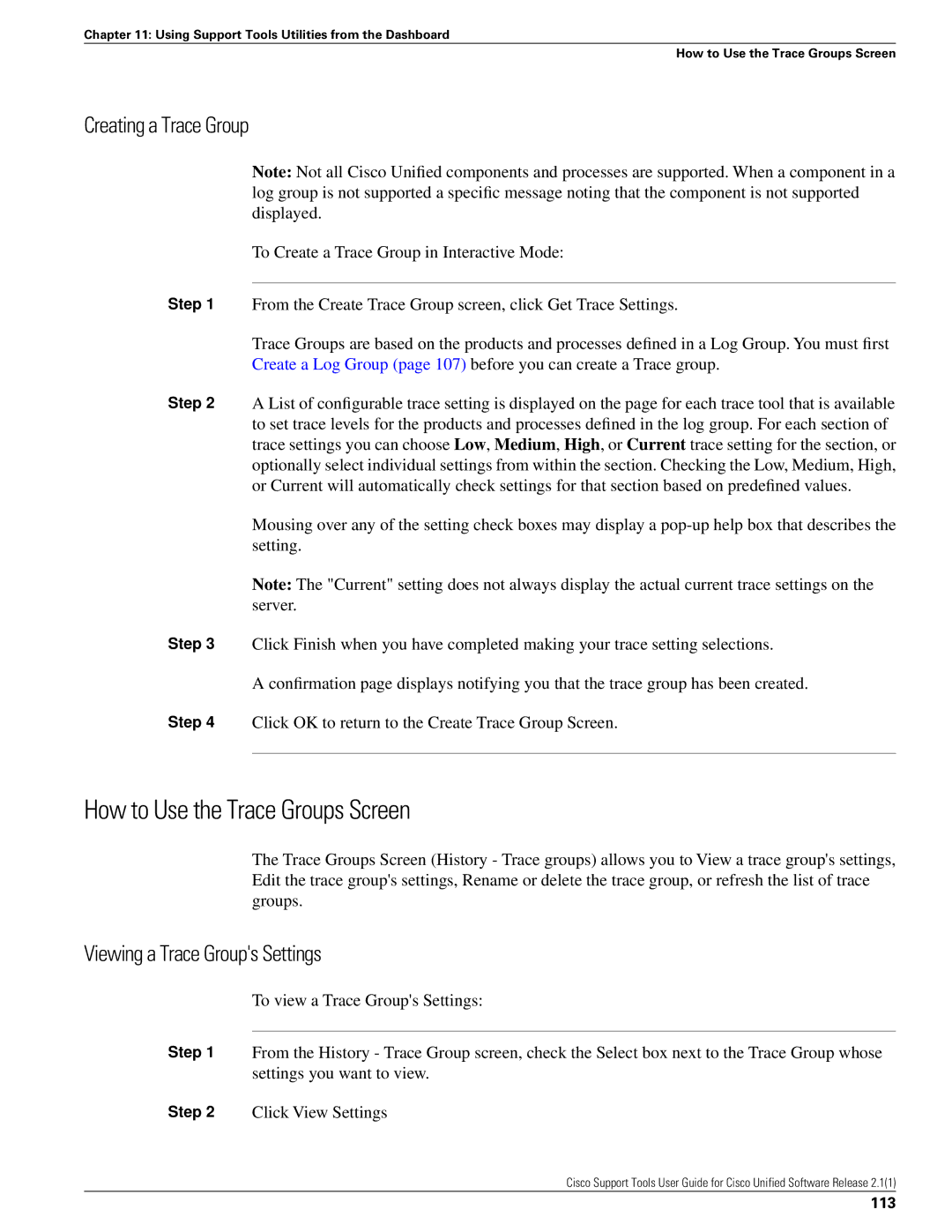 Cisco Systems 2.1(1) manual How to Use the Trace Groups Screen, Viewing a Trace Groups Settings, 113 