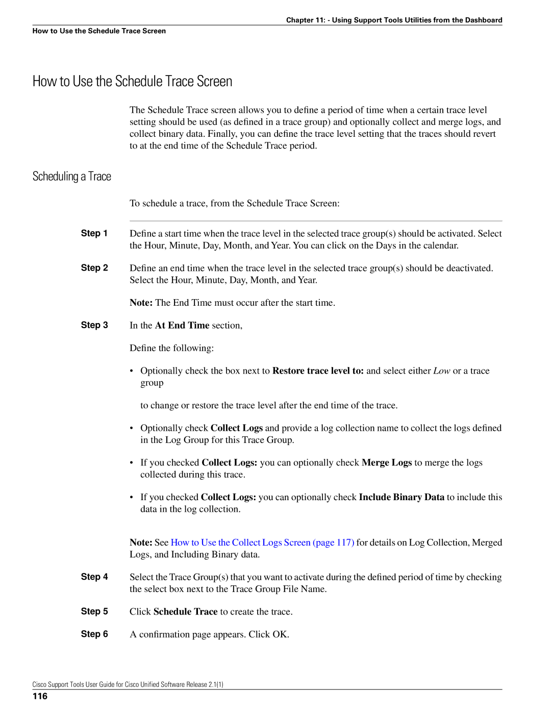 Cisco Systems 2.1(1) manual How to Use the Schedule Trace Screen, Scheduling a Trace, 116 