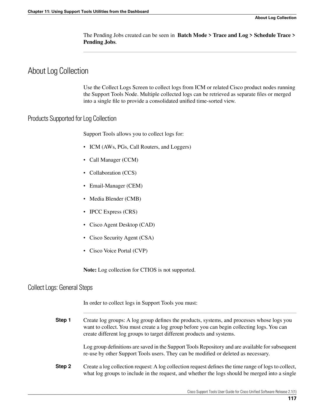 Cisco Systems 2.1(1) manual About Log Collection, Products Supported for Log Collection, Collect Logs General Steps, 117 